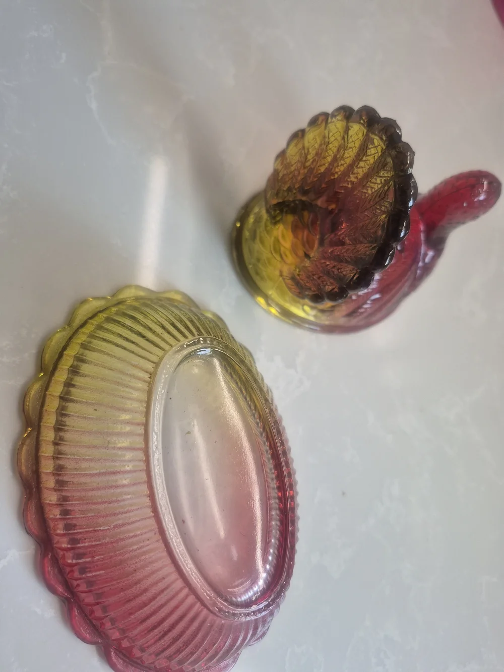 Hen On Basket Glass Candy Dish and Tray in Yellow-Red Ombre